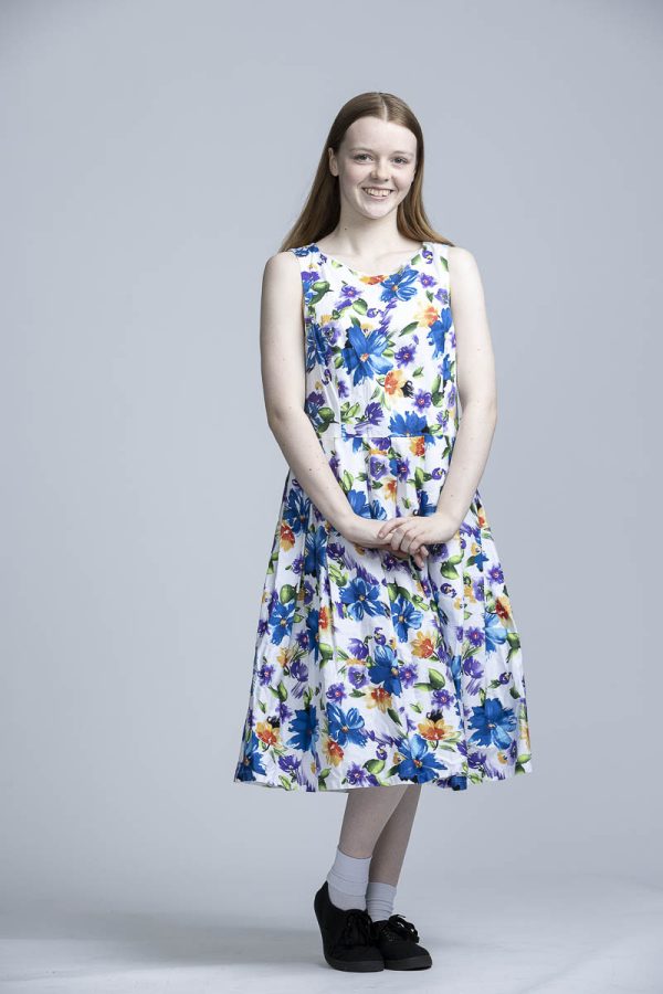 White dress with blue and orange flower prints - Image 2