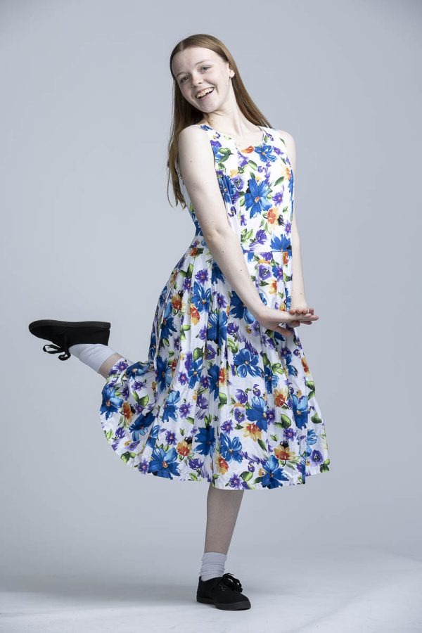 white dress with blue and orange flowers