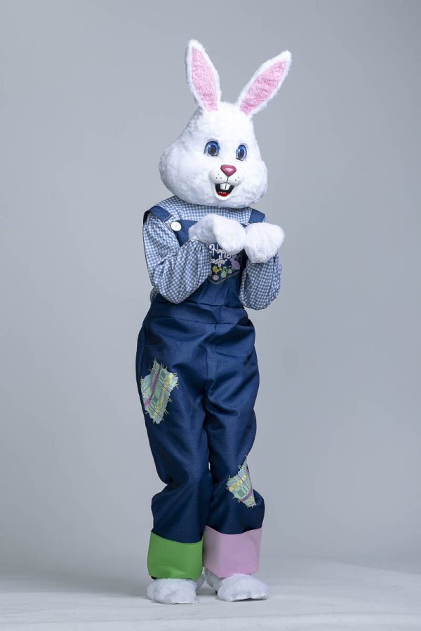 easter bunny outfit with large headpiece and overalls