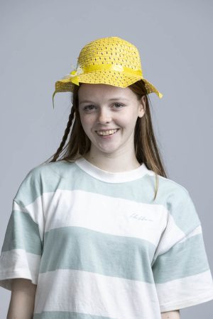 yellow hat with flower