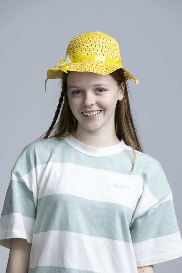 yellow hat with flower