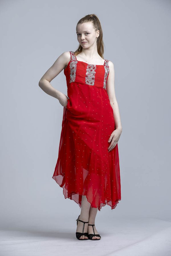 Red dress with full skirt and sequin top - Image 4