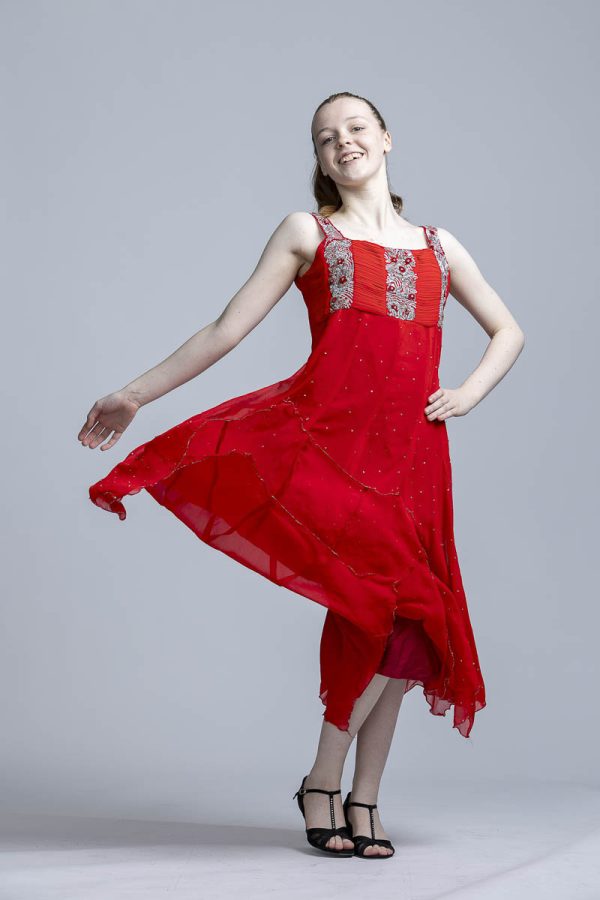 Red dress with full skirt and sequin top - Image 2