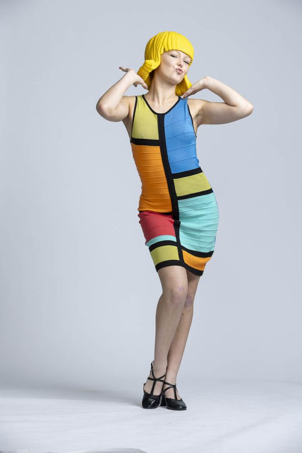 Vibrant 60s dress with yellow wig